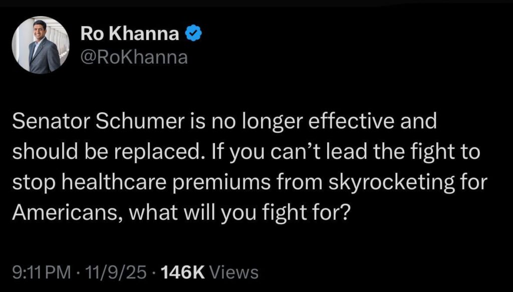 Bernie 2020 Co-Chair Ro Khanna becomes first Democratic elected official to call for Chuck Schumer to be replaced