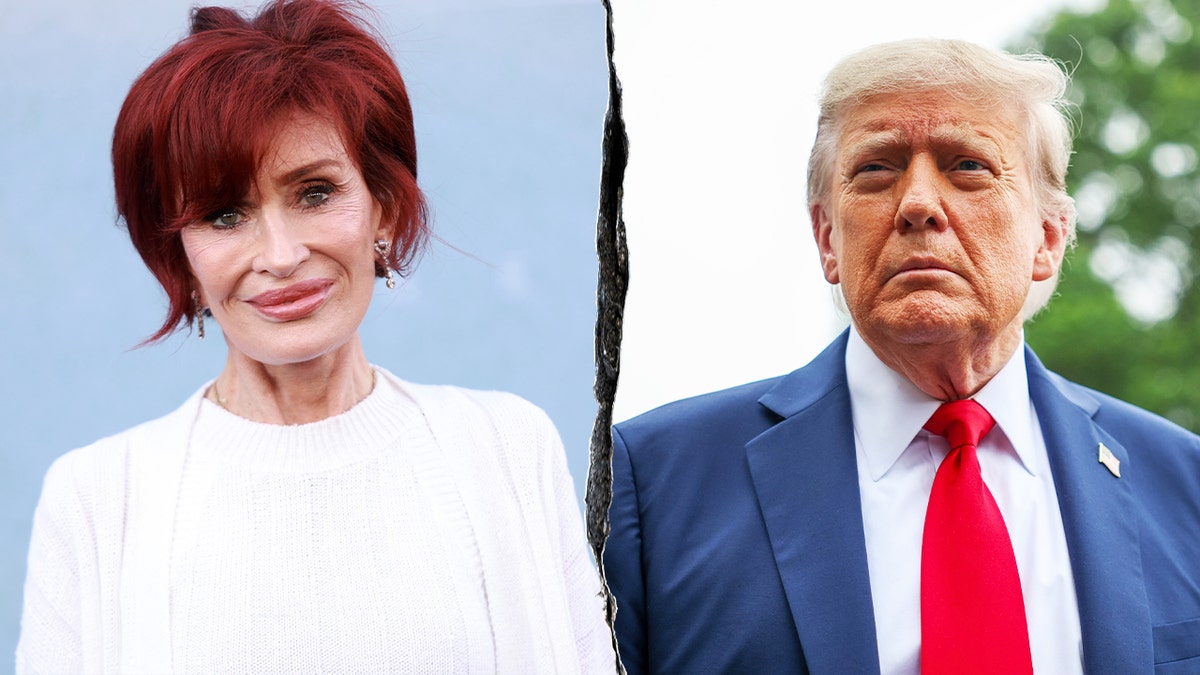 Split photo of Sharon Osbourne attends the Los Angeles premiere of "The Bikeriders," smiling and wearing a white blouse; U.S. President Donald Trump speaks to the media before boarding Marine One.