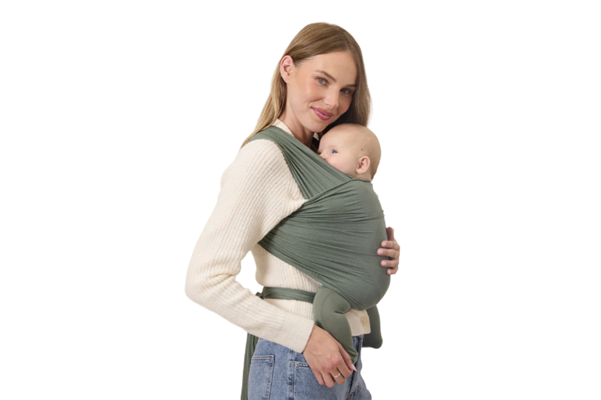 A model holding a baby in a Solly Wrap carrier