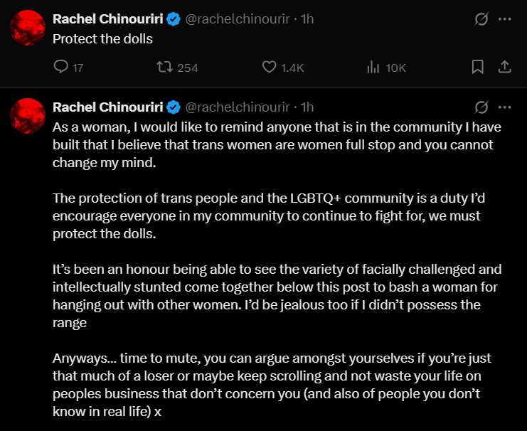 British singer Rachel Chinouriri responds to people upset about British Glamour's "Woman of the year" event (which she attended) for honoring trans activists, models, and singers during the ceremony.