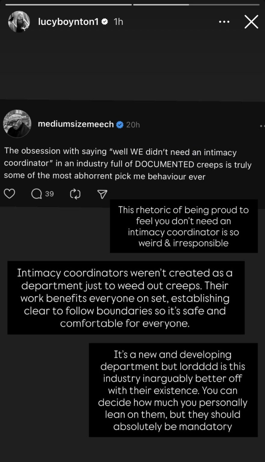 Actress Lucy Boynton slams anti-intimacy coordinator rhetoric, praises the profession and says they should be mandatory.