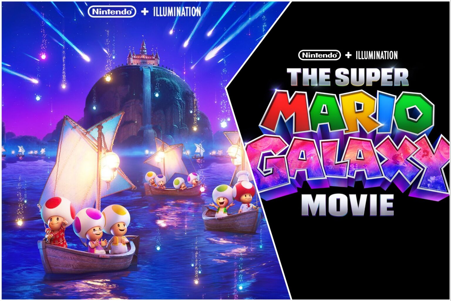 An illustration for 'The Super Mario Galaxy Movie,' featuring colorful Toad characters on boats in a vibrant, starry sea with a fantastical castle in the background. The title is prominently displayed, highlighting the movie's brand.