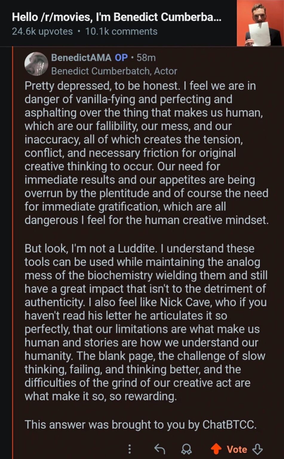 Benedict Cumberbatch shared this thoughts on the rise of AI, while doing a AMA on Reddit!