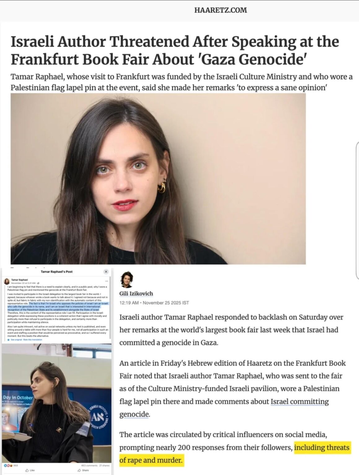 Israeli author Tamar Raphael received threats of rape and murder for speaking against Israel's genocide in Gaza