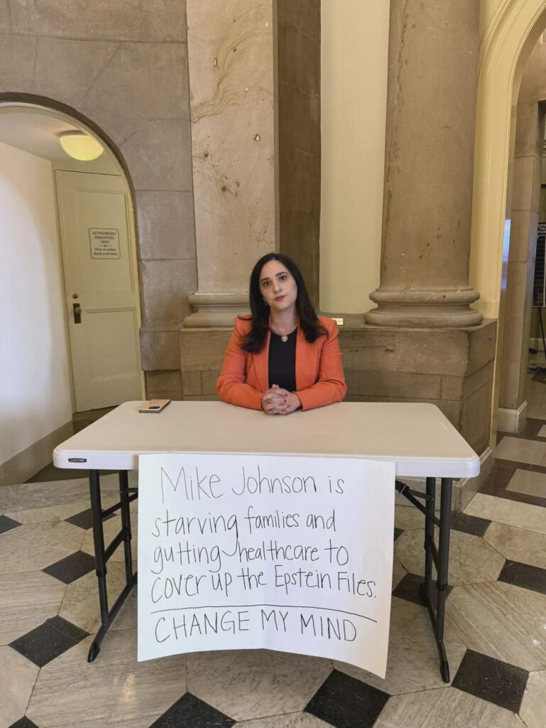 Congresswoman Yassamin Ansari outside of Speaker Mike Johnson's office because he is starving families and gutting health care to cover up the Epstein Files.
