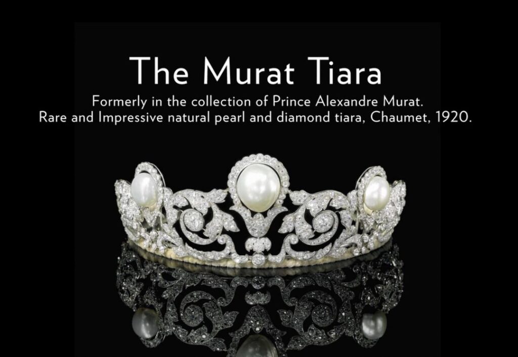 The Murat Tiara, made for the 1920 wedding of Prince Alexandre Murat featuring a 75 carat center pearl, sold at auction in 2012 for $3.87 million