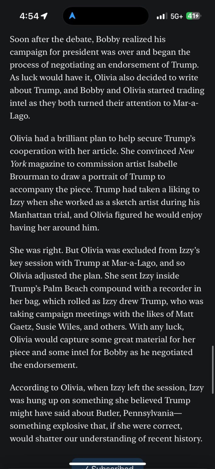 Ryan Lizza continues to post his paywalled and portioned saga on ex-fiancée Olivia Nuzzi. He claims she functioned as a political operative to help RFKs campaign and ends on a pretty significant cliffhanger.