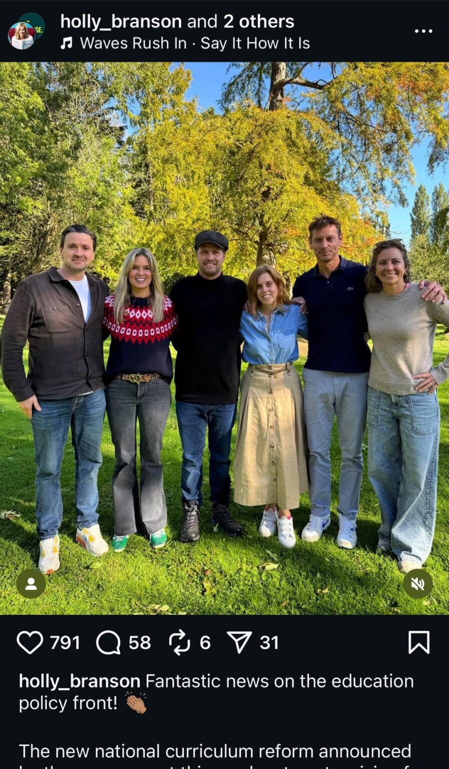 Princess Beatrice seen on Instagram celebrating National Curriculum reform with longtime friends Sam and Holly Branson, her cofounders in the youth charity Big Change