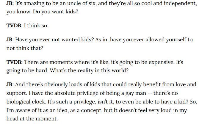 Jonathan Bailey on having kids: "It’s such a privilege, isn’t it, to even be able to have a kid? So, I’m aware of it as an idea, as a concept, but it doesn’t feel very loud in my head at the moment."