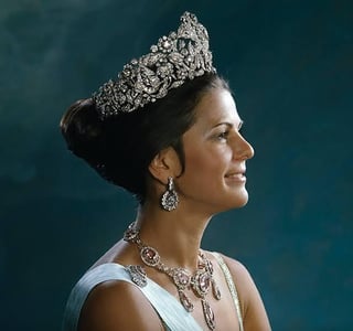 Queen Silvia of Sweden wearing the Braganza Tiara, a 3kg diadem from 1820 featuring 2,868 diamonds, 269 pearls, 17 sapphires, 11 emeralds and 4 rubies
