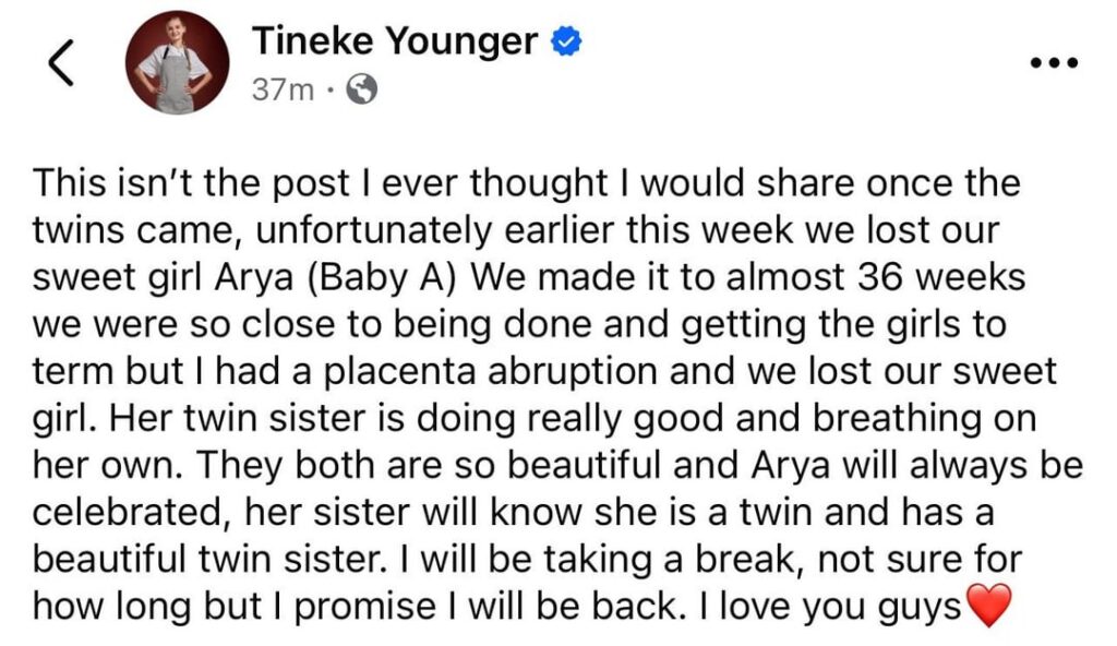 Tineke Younger, known for her famous “Tini’s Mac and cheese”recipe announces the stillbirth of one of her twins