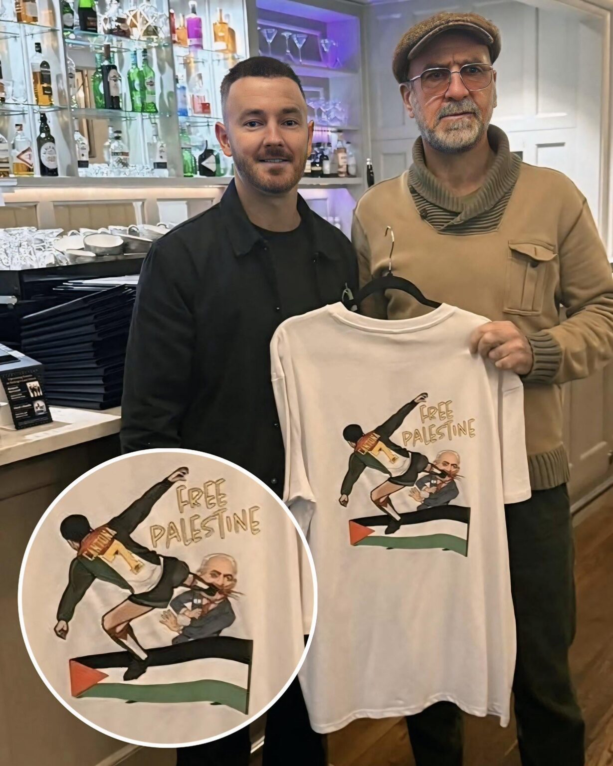 Manchester United legend Eric Cantona posing with a Free Palestine t-shirt featuring his famous kung-fu kick aimed at Benjamin Netanyahu