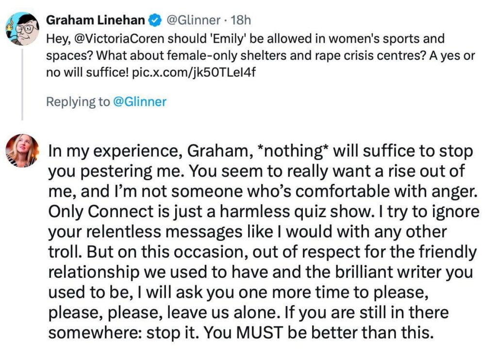 Victoria Coren Mitchell writes classy reply to Graham Linehan after he targets her for inviting a trans contestant on her quiz show