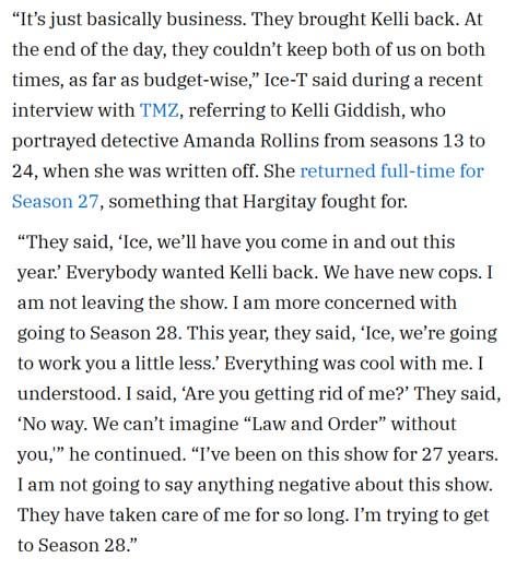 Ice-T Says Reduced ‘Law & Order: SVU’ Screen Time Is Due to Budget Amid Kelli Giddish’s Return: “I’ve been on this show for 27 years. I am not going to say anything negative about this show. They have taken care of me for so long. I’m trying to get to Season 28.”