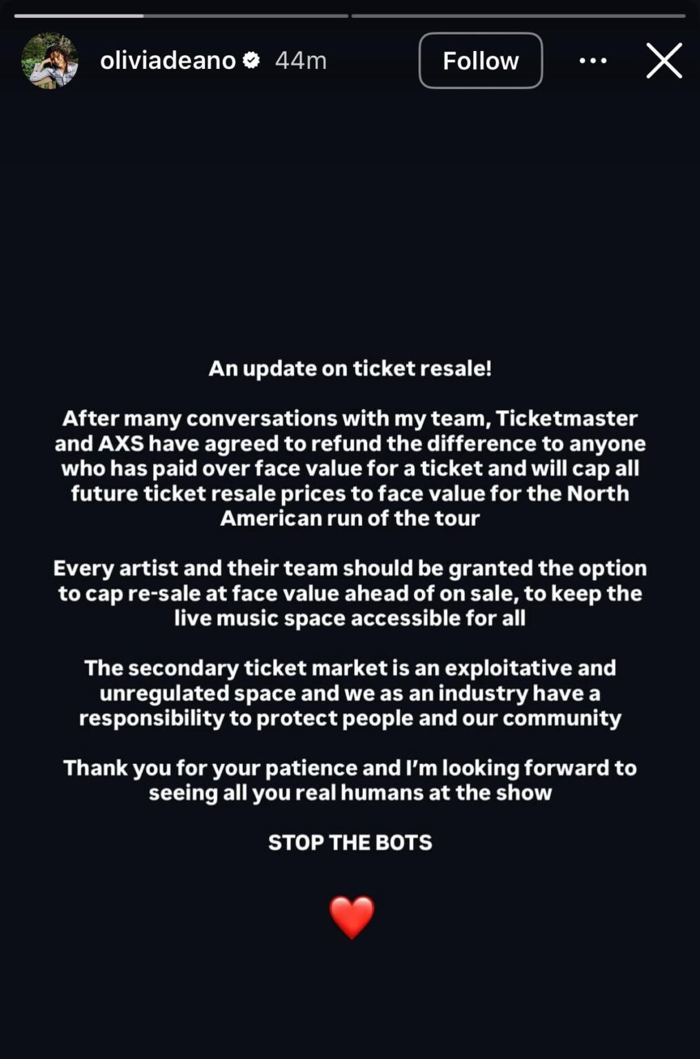 Olivia Dean announces Ticketmaster will refund the difference of tickets purchased over face value for upcoming tour.