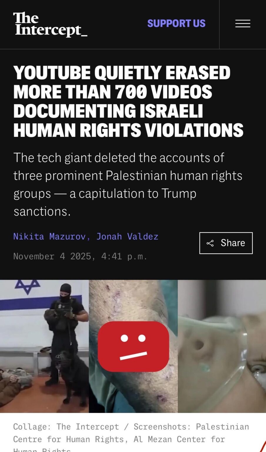 YouTube Quietly Erased More Than 700 Videos Documenting Israeli Human Rights Violations