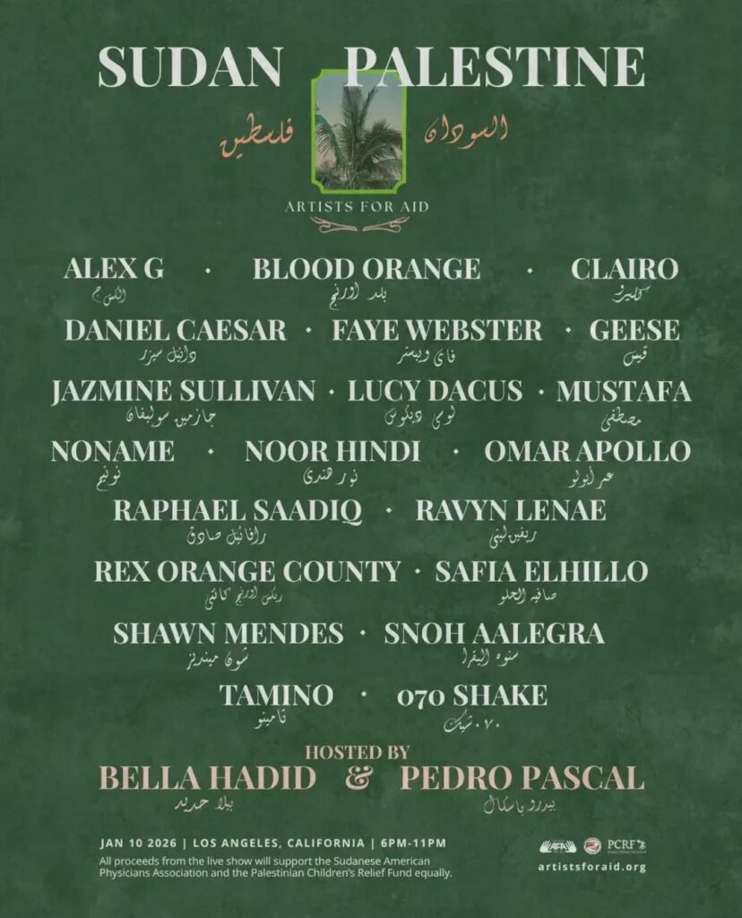 Lineup for Artists for AID, hosted by Bella Hadid and Pedro Pascal
