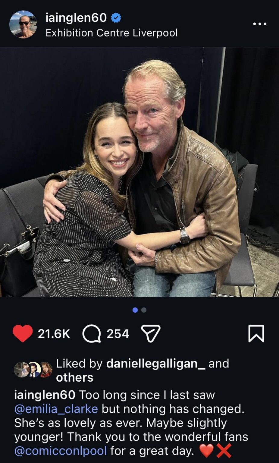 Game Of Thrones stars Emilia Clarke and Iain Glen reunited at Comic Con Liverpool. “Too long since I last saw Emilia, but nothing has changed. She’s as lovely as ever. Maybe slightly younger!”