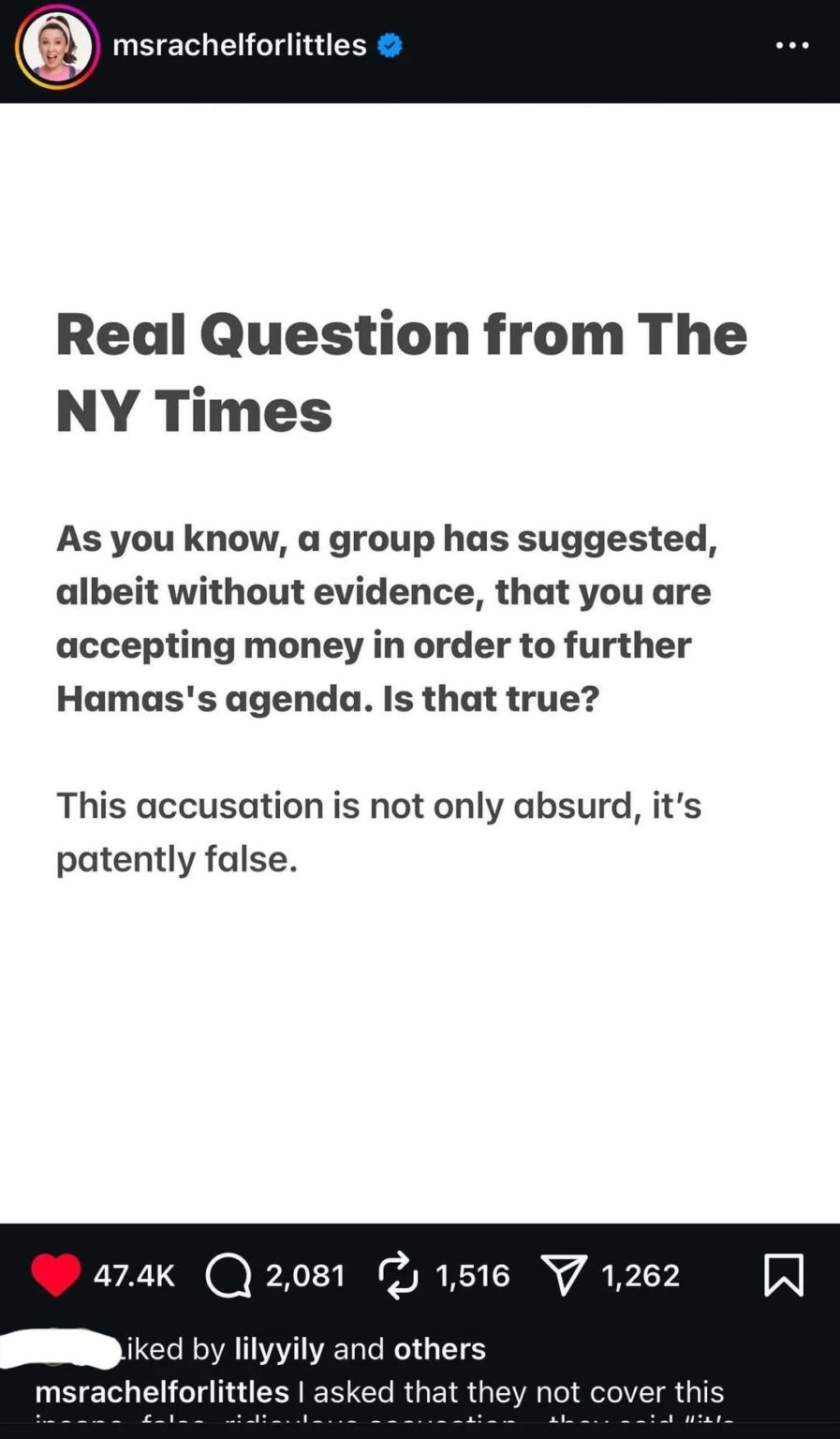 Ms Rachel says The New York Times asked her if she's funded by Hamas