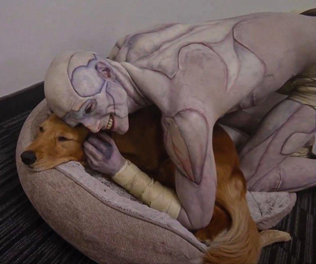 Jacob Elordi with his dog on the set of Guillermo del Toro’s Frankenstein
