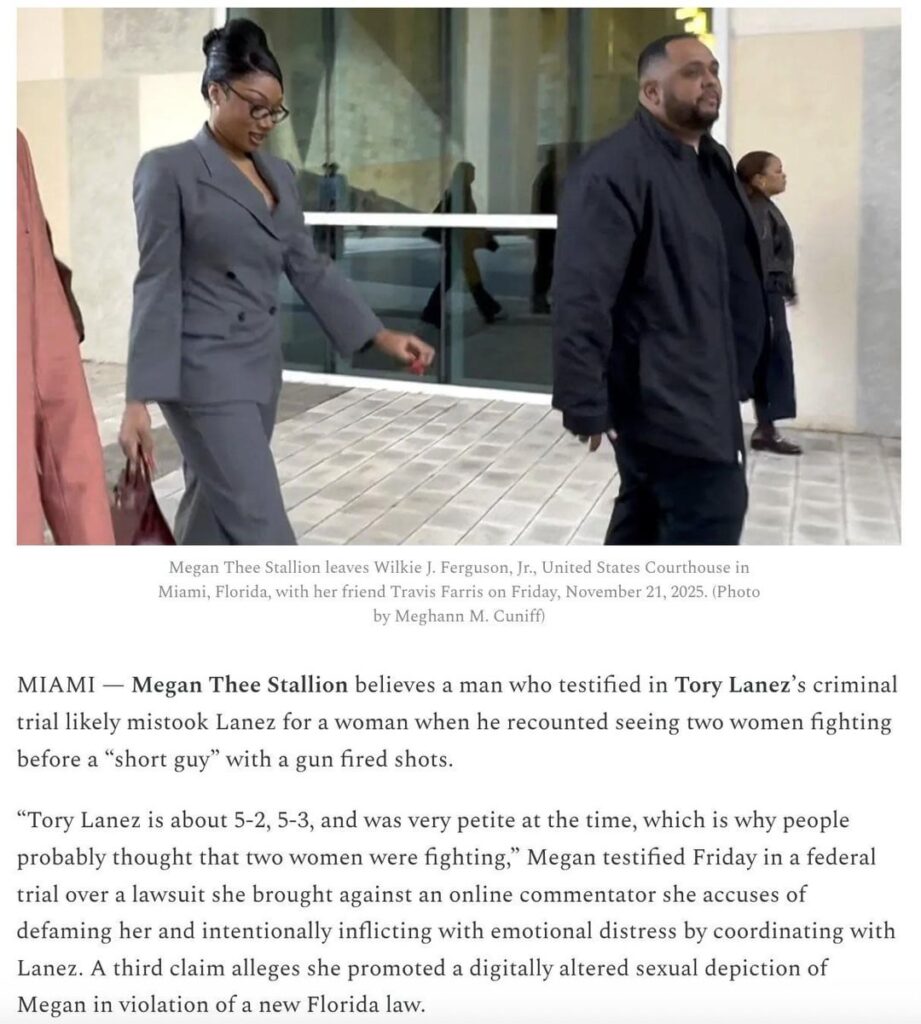Megan Thee Stallion believes a man who testified in Tory Lanez’s criminal trial likely mistook Lanez for a woman when he recounted seeing two women fighting before a “short guy” with a gun fired shots: "Tory Lanez is about 5-2, 5-3, and was very petite at the time”