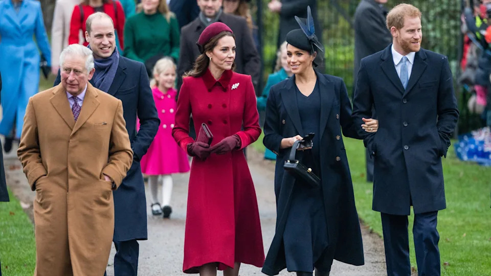 King Charles, Prince and Princess of Wales and Prince Harry and Meghan walk to attend the Christmas Day Church service in 2018