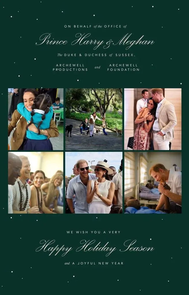 holiday greeting card from prince harry and meghan featuring family and community engagement photos