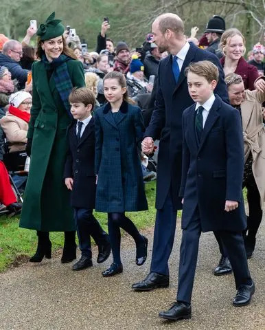 Samir Hussein/WireImage From left: Kate Middleton, Prince Louis, Princess Charlotte, Prince William and Prince George attend Christmas morning service at Sandringham Church on Dec. 25, 2024.