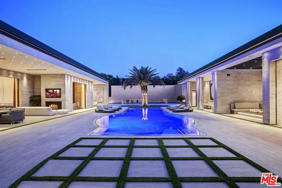 Pool with lounge chairs at Kylie Jenner's California home in Holmby Hills