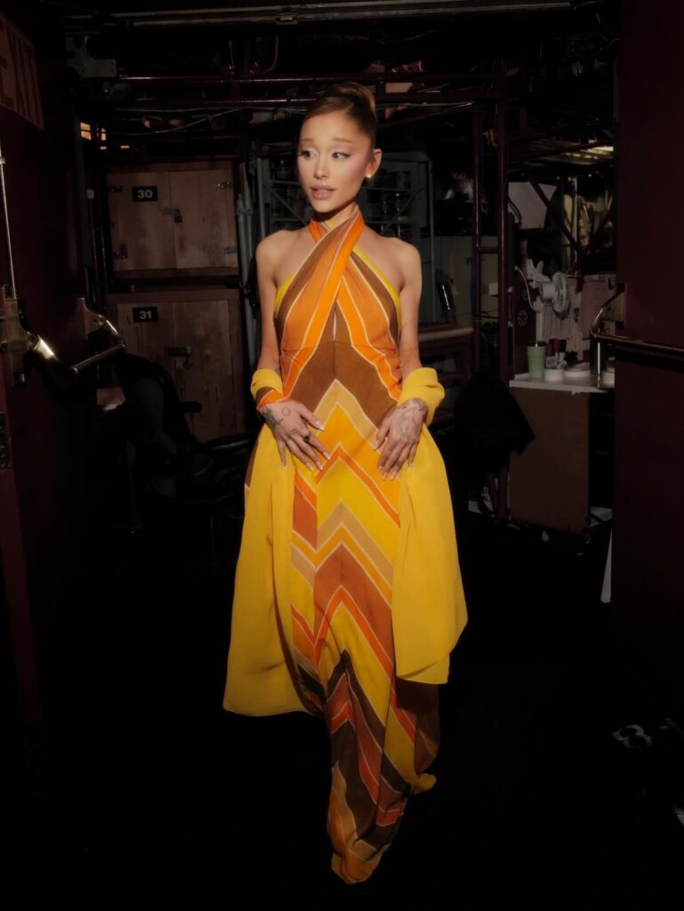 Ariana Grande on Instagram today, wearing Bob Mackie🧡
