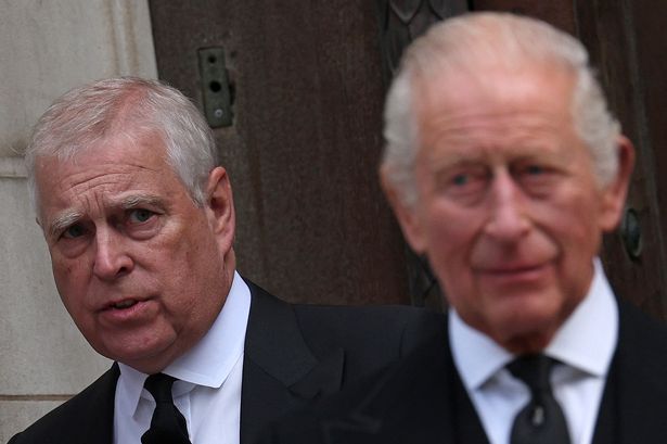 Britain's Prince Andrew, Duke of York (L) and Britain's King Charles III leave following a Requiem Mass, a Catholic funeral service, for the late Katharine, Duchess of Kent, at Westminster Cathedral in London on September 16, 2025