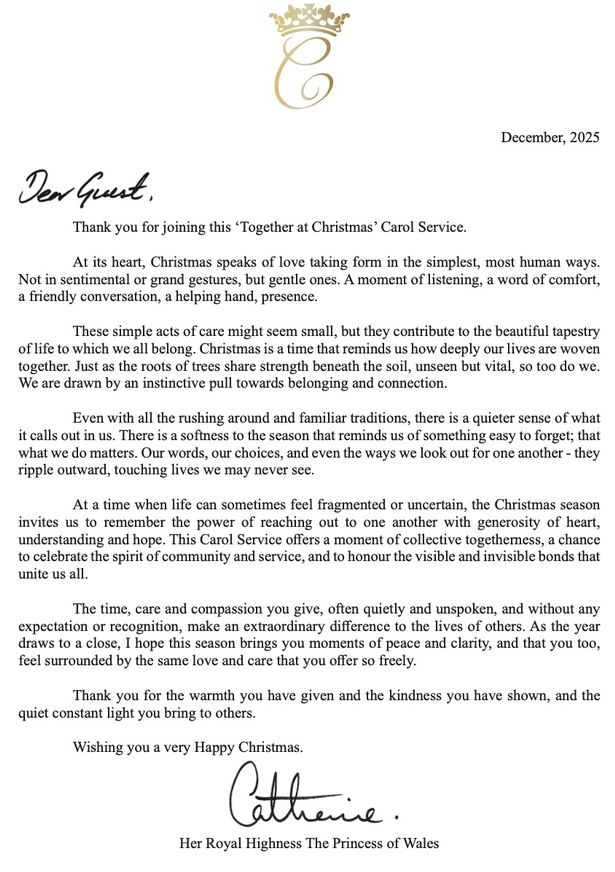 The Princess of Wales has penned a personal message ahead of her annual Christmas carol concert