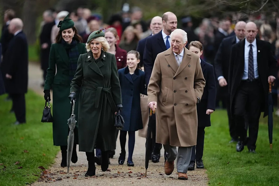 King Charles and Queen Camilla followed by the Princess of Wales, Princess Charlotte, the Prince of Wales and Prince George attending the Christmas Day morning church service (PA)