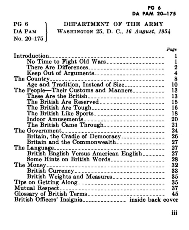 The contents page of the guidebook. It described Britain as the 'Cradle of Democracy'