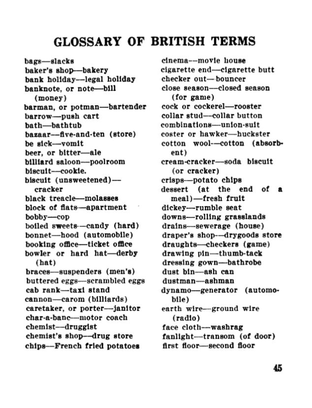 The back of the booklet hosts a glossary of British terms, including definitions for 'chips' and 'cream-cracker'