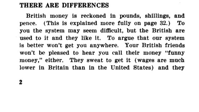 A paragraph describing British money. The guidebook warned the system of pounds, shillings and pence 'may seem difficult'