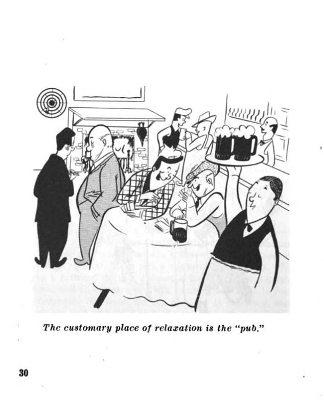 An illustration in the guidebook depicting a pub scene in Britain