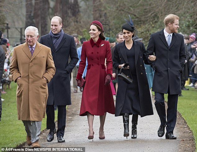 Seven months after her fairytale royal wedding in May 2018, Meghan Markle joined the Firm for their annual Sandringham festivities. Pictured: now King Charles, Prince William, Kate Middleton, Meghan Markle and Prince Harry arrive at St Mary Magdalene Church in 2018