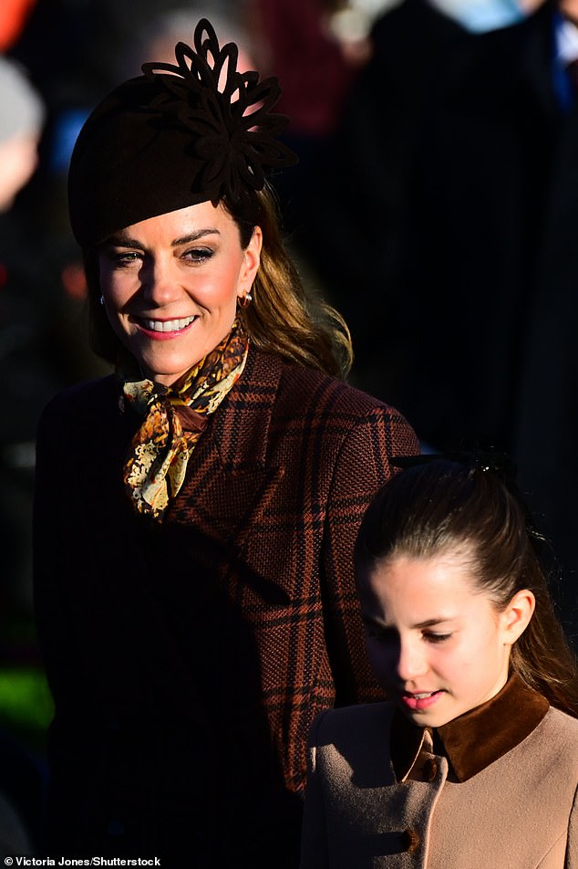 Kate beamed yesterday a wide smile as she arrived at Sandringham with Princess Charlotte, 10