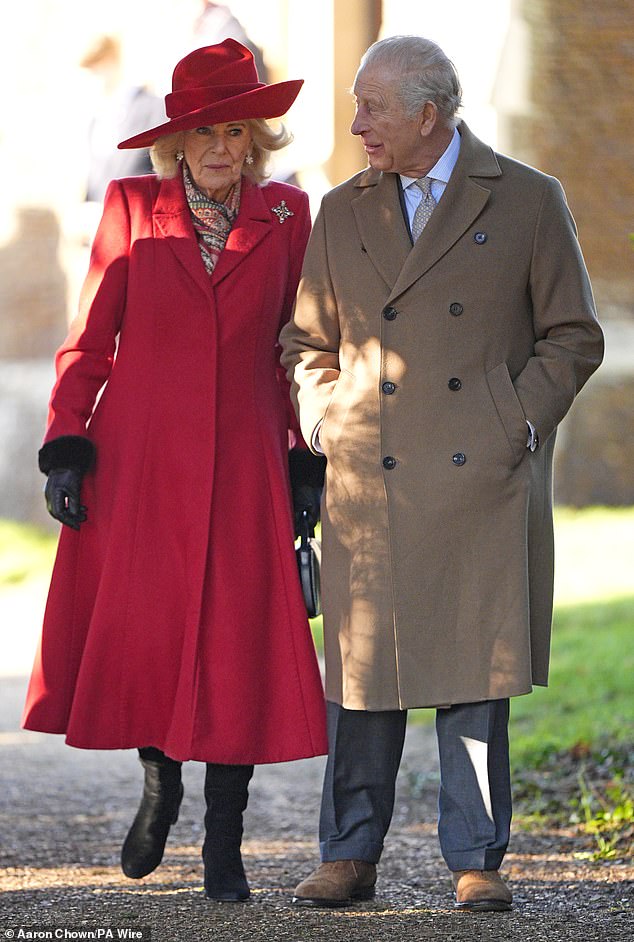 King Charles and Queen Camilla looked in good spirits as they left the church afterwards