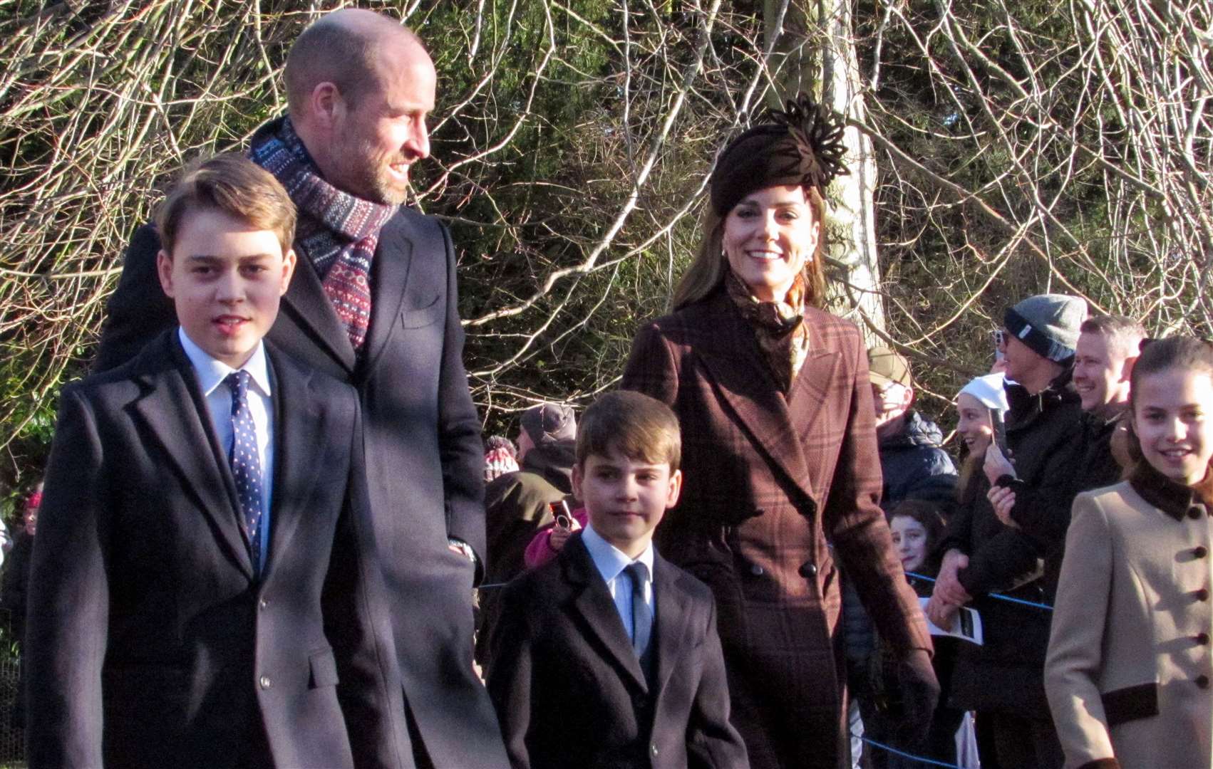 PIC BY GEOFF ROBINSON PHOTOGRAPHY 07976 880732. Picture dated December 25th shows the Royal Family attending Christmas morning service at St Mary Magdalene church in Sandringham. Picture shows Prince William, Prince of Wales, Catherine, Princess of Wales and Prince George, Prince Louis and Princess Charlotte.
