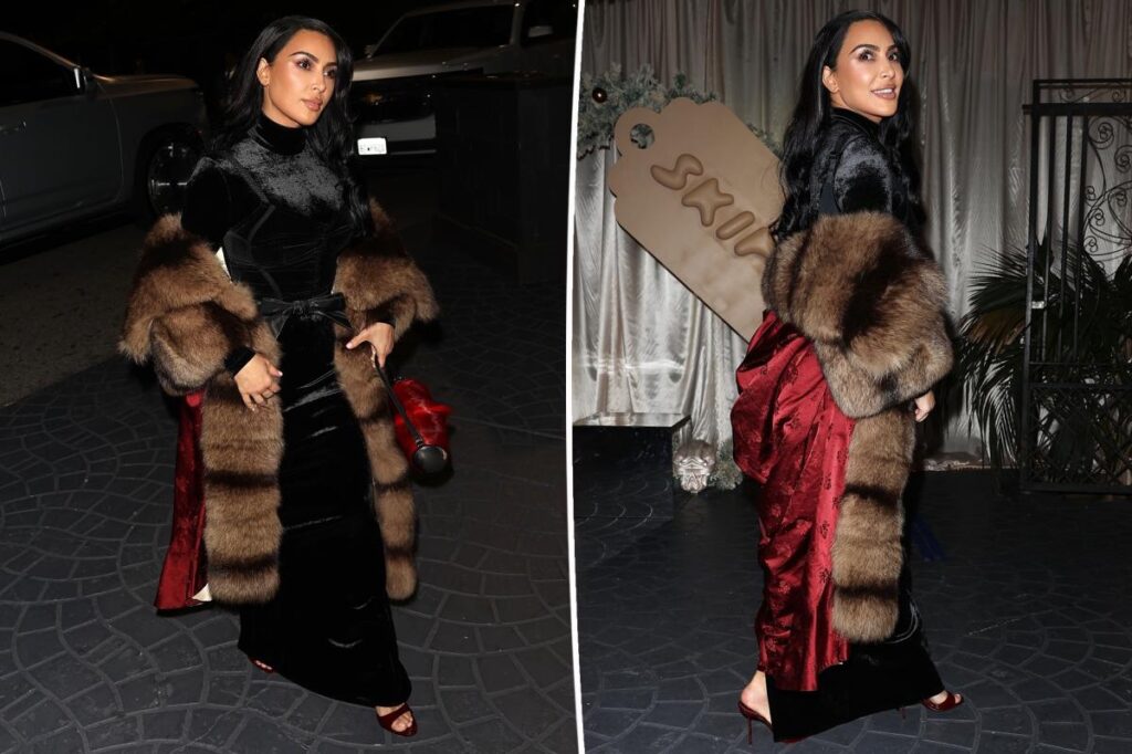 Kim Kardashian wears a black velvet dress with bow for Skims holiday party