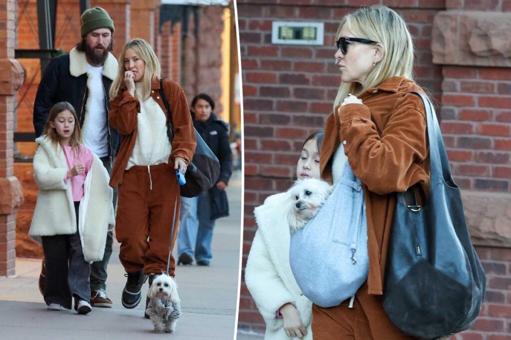Kate Hudson pairs orange corduroy set with snow boots for shopping in Aspen