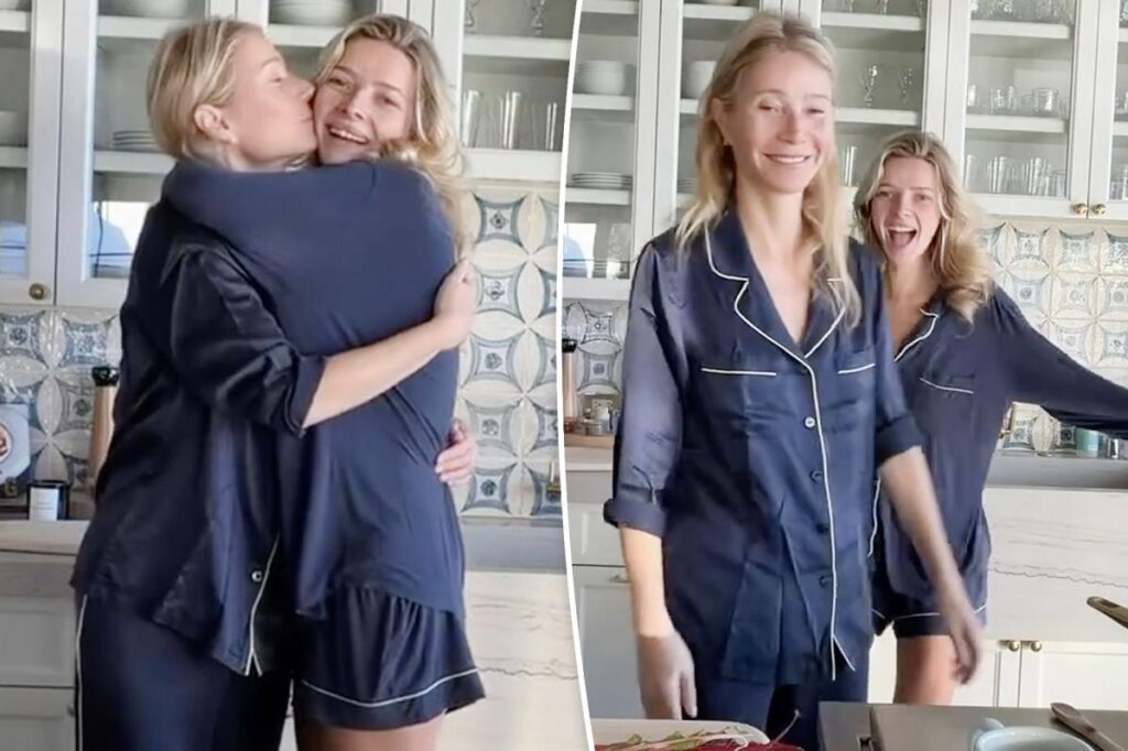Gwyneth Paltrow and lookalike daughter Apple Martin match in navy blue Sarah Alexander pajamas for boyfriend breakfast Gwyneth Paltrow and lookalike daughter Apple Martin match in navy blue Sarah Alexander pajamas for boyfriend breakfast
