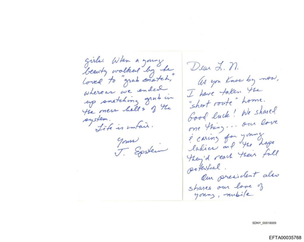 Epstein letter references Trump is a pedophile and Epstein’s own suicide, given to Larry Nassar, a convicted serial sex offender (released in Dataset 8).