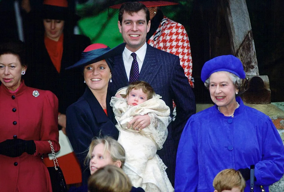Getty Images Andrew Mountbatten-Windsor and Sarah Ferguson at the christening of Princess Eugenie at Sandringham in 1990.