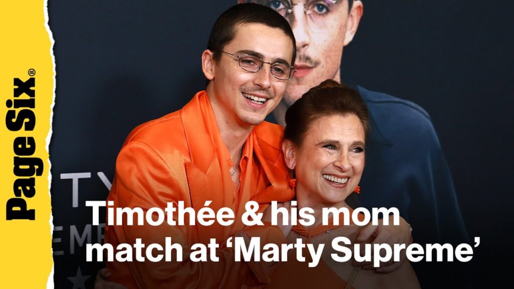 Timothée Chalamet and his mom match in 'Marty Supreme' orange on NYC premiere red carpet
