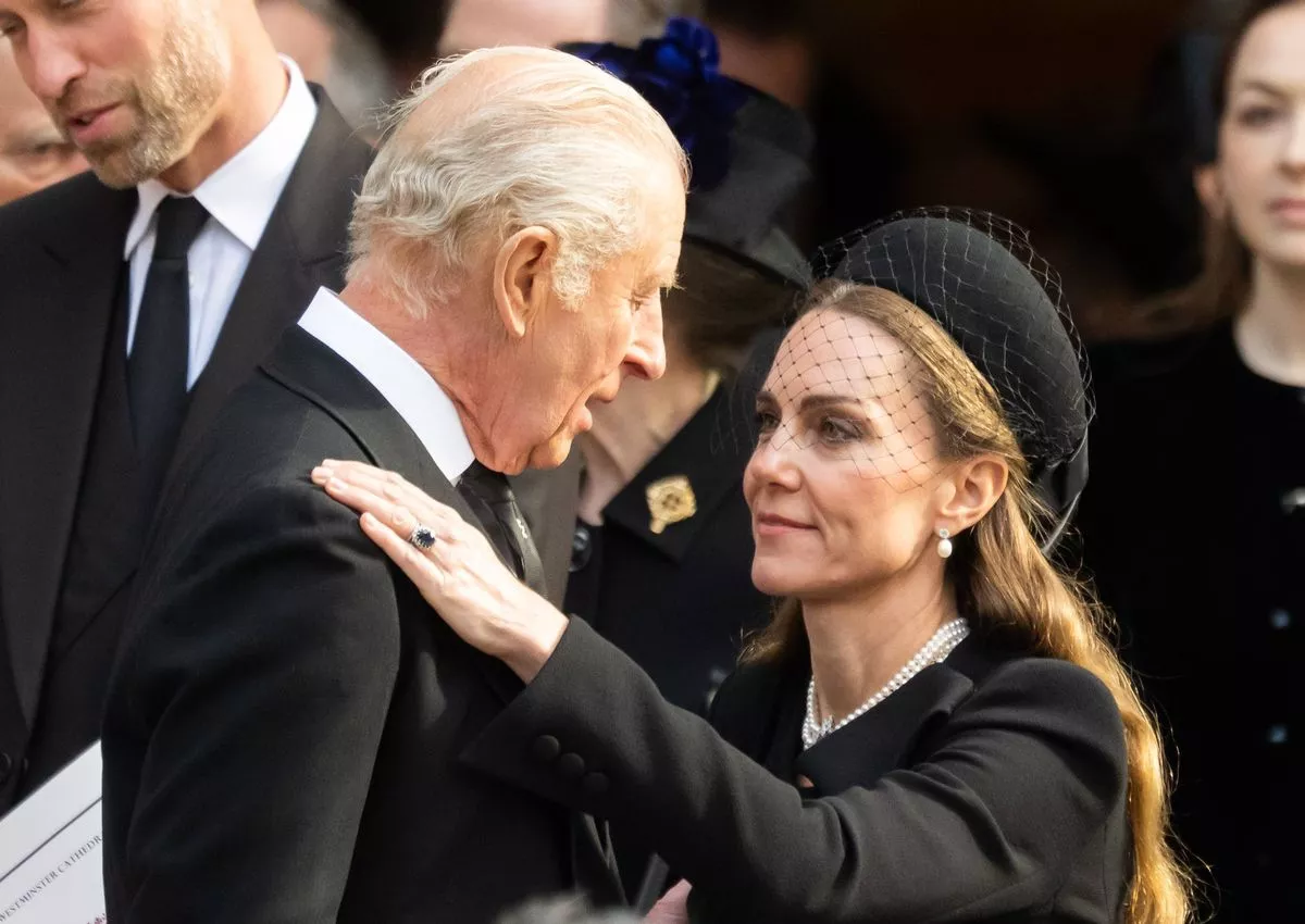 LONDON, ENGLAND - SEPTEMBER 16: King Charles III and Catherine, Princess of Wales attend the funeral of The Duchess of Kent at Westminster Cathedral on September 16, 2025 in London, England. Katharine, Duchess of Kent was married Prince Edward, Duke of Kent, the first cousin of Queen Elizabeth II. She died on September 4 at the age of 92 at Kensington Palace surrounded by her family. Having converted to Catholicism in 1994, her funeral takes place at Westminster Cathedral and is the first Catholic funeral to be held for a member of the royal family in modern British history. Her Royal Highness will be laid to rest at the Royal Burial Ground at Frogmore, Windsor. (Photo by Samir Hussein/WireImage)