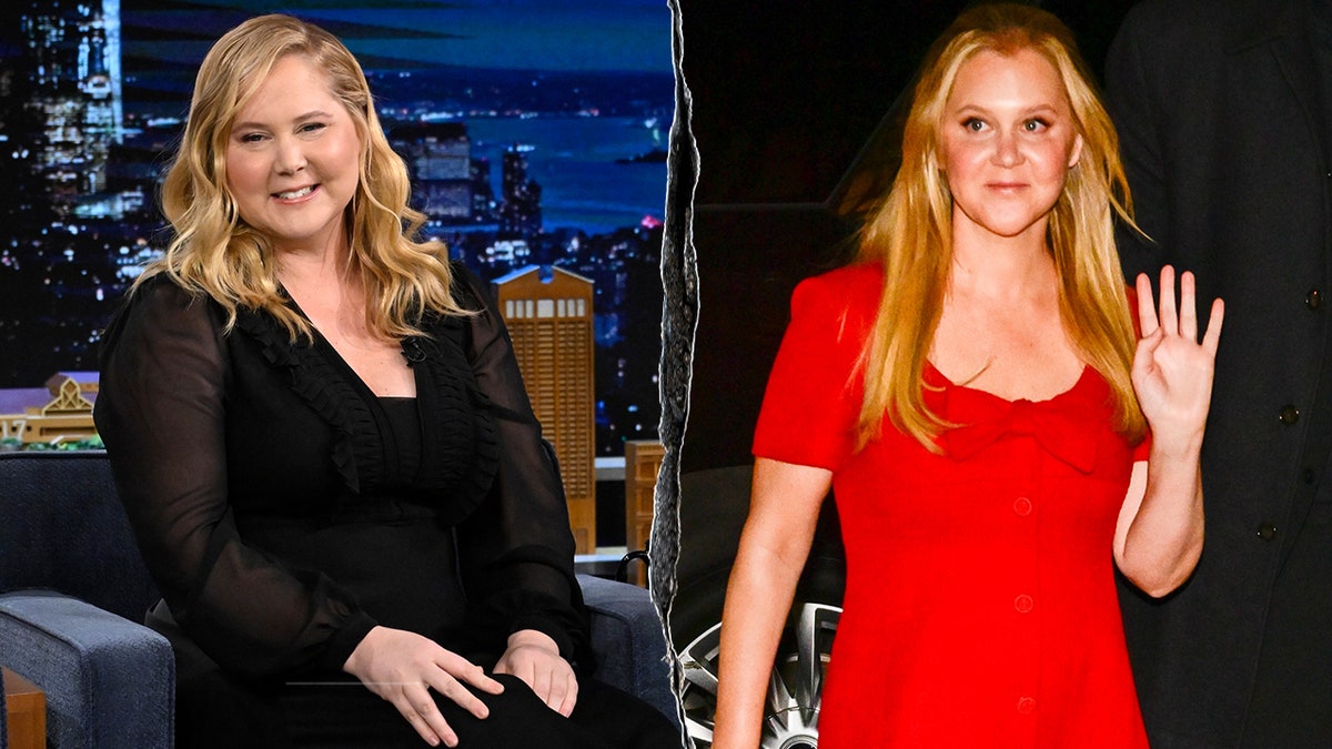 Split photos of Amy Schumer as a guest during a late-night talk show interview and another showing her walking outdoors in midtown Manhattan.