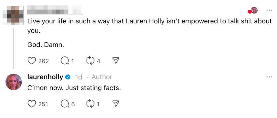 Social media exchange where Lauren Holly responds to a comment about her with "C'mon now. Just stating facts."
